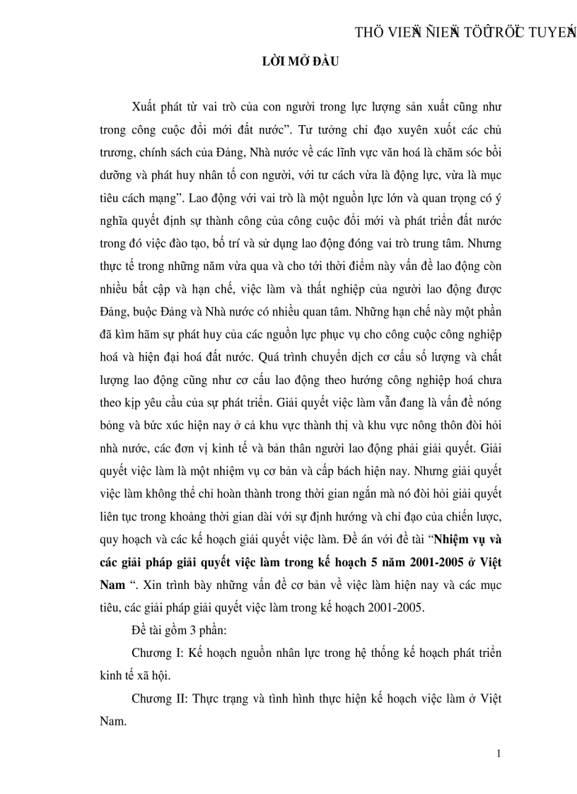 Nhiệm vụ và các giải pháp giải quyết việc làm trong kế hoạch 5 năm 2001 2005 ở Việt Nam