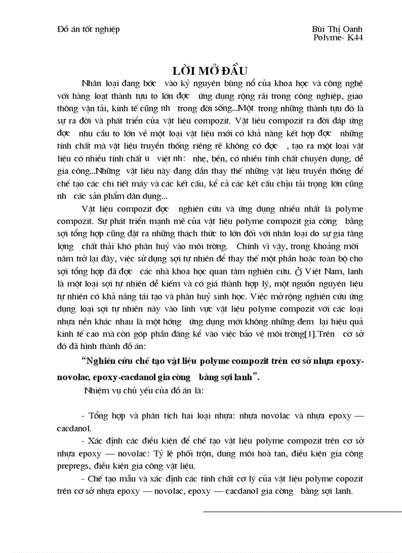 Nghiên cứu chế tạo vật liệu polyme compozit trên cơ sở nhựa epoxy novolac epoxy cacdanol gia cường bằng sợi lanh