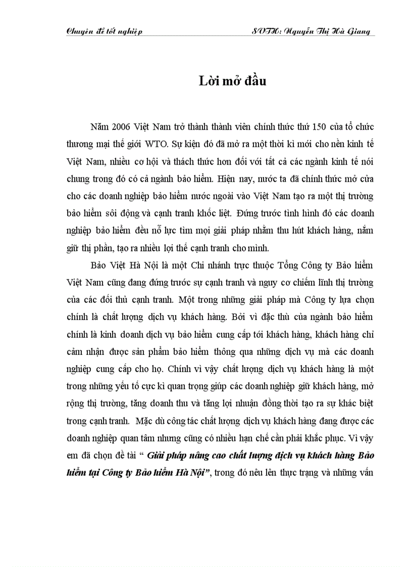Giải pháp nâng cao chất lượng dịch vụ khách hàng Bảo hiểm tại Công ty Bảo hiểm Hà Nội