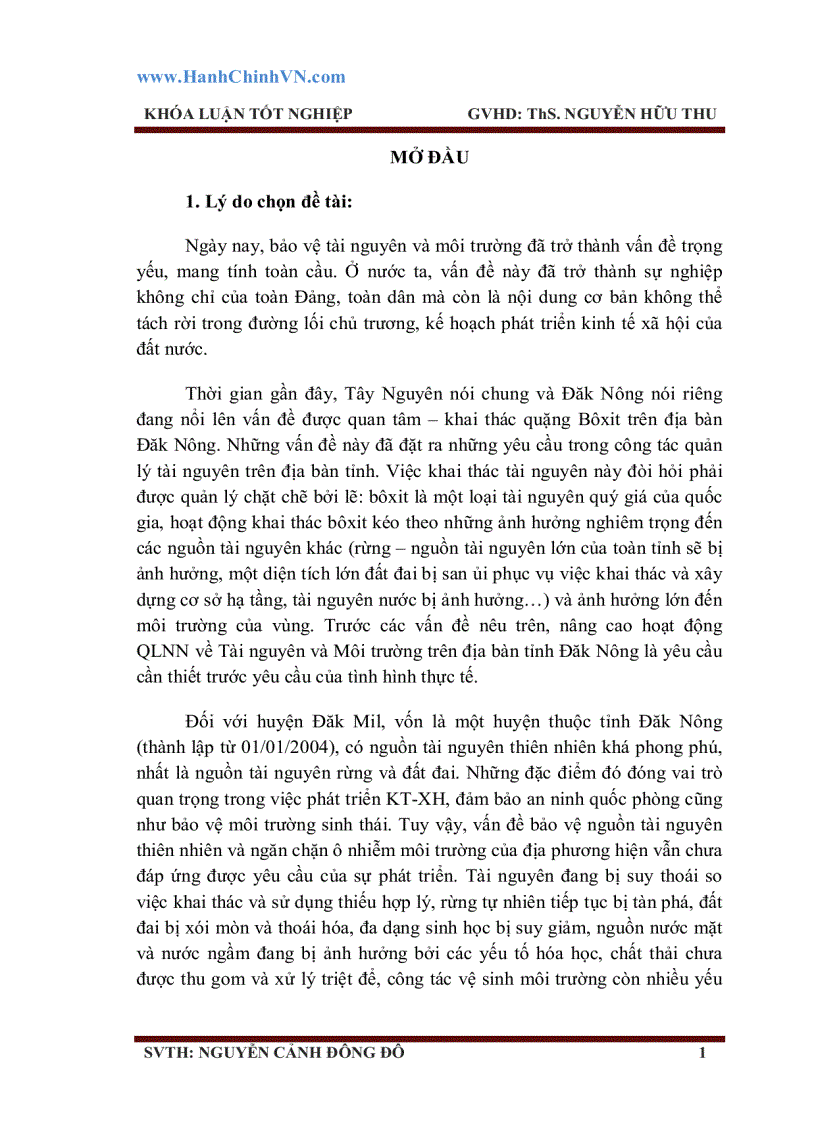 Quản lý nhà nước về tài nguyên và môi trường Thực trạng và Giải pháp nghiên cứu tại huyện Đăk Mil tỉnh Đăk Nông