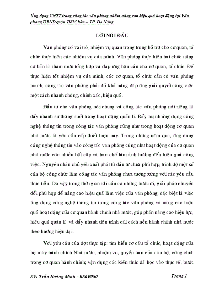 Ứng dụng CNTT trong công tác văn phòng nhằm nâng cao hiệu quả hoạt động tại Văn phòng UBND quận Hải Châu TP Đà Nẵng