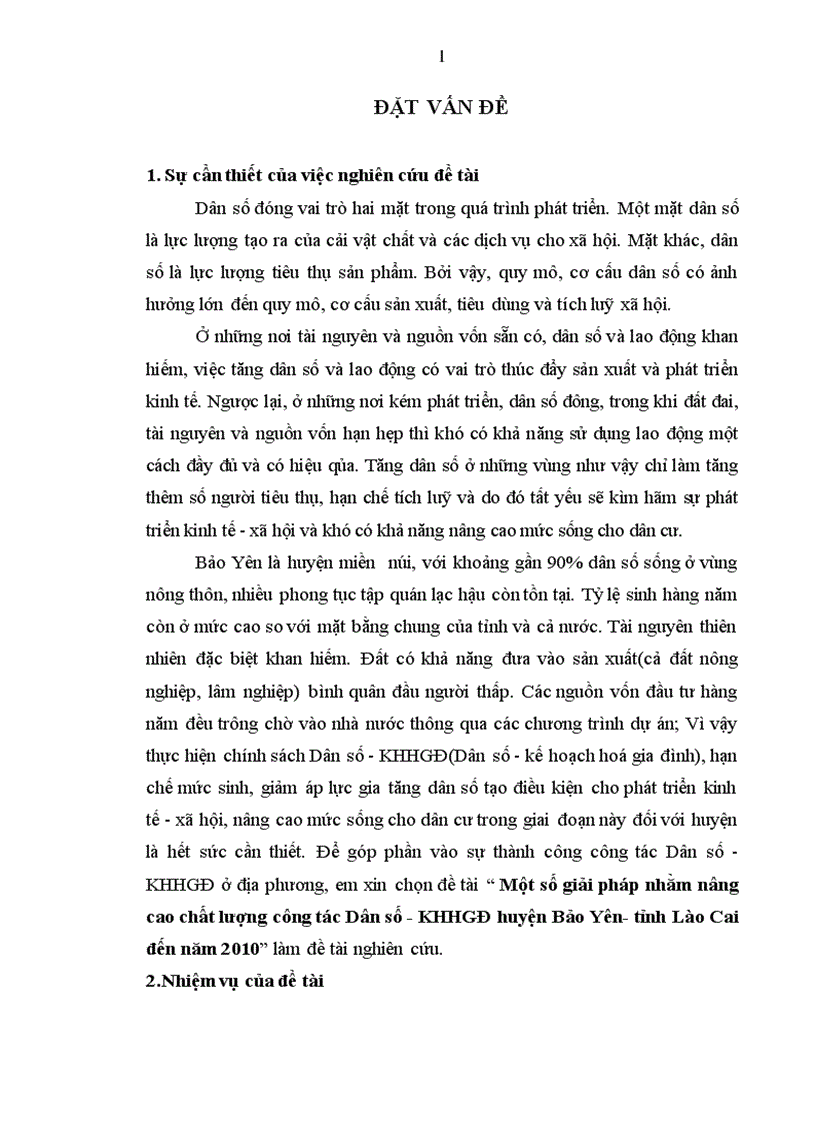 Một số giải pháp nhằm nâng cao chất lượng công tác Dân số KHHGĐ huyện Bảo Yên tỉnh Lào Cai đến năm 2010