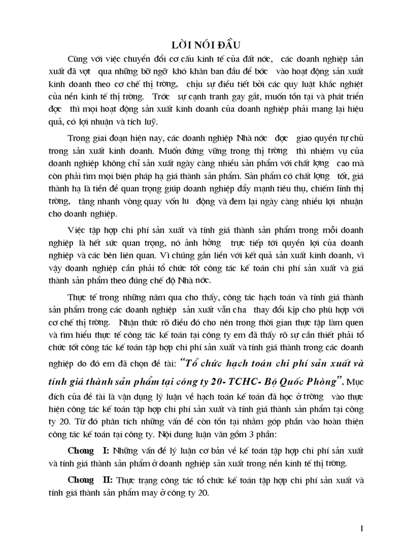Tổ chức hạch toán chi phí sản xuất và tính giá thành sản phẩm tại công ty 20 TCHC Bộ Quốc Phòng