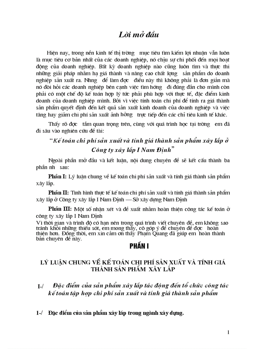 Kế toán chi phí sản xuất và tính giá thành sản phẩm xây lắp ở Công ty xây lắp 1 Nam Định