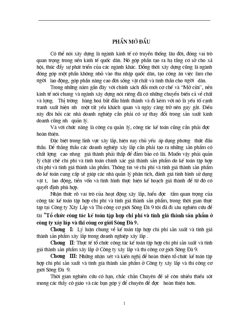 Tổ chức công tác kế toán tập hợp chi phí chi phí sản xuất và tính giá thành sản phẩm ở Công ty Xây lắp và thi công cơ giới Sông Đà 9