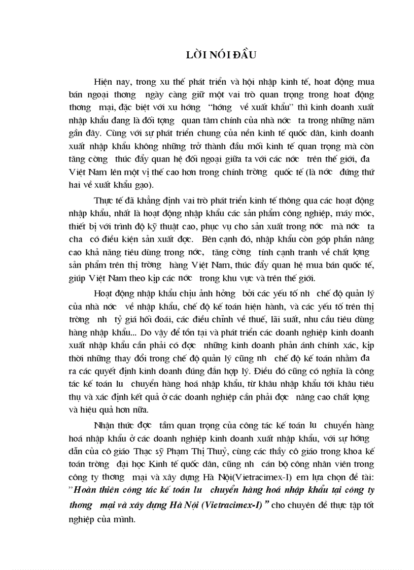 Hoàn thiên công tác kế toán l ưu chuyển hàng hoá nhập khẩu tại công ty th ơng mại và xây dựng Hà Nội Vietracimex I