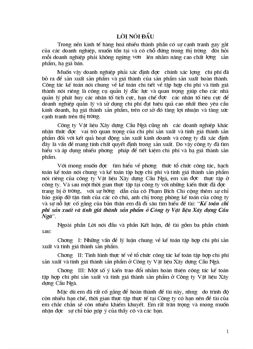 Kế toán chi phí sản xuất và tính giá thành sản phẩm ở Công ty Vật liệu Xây dựng Cầu Ngà