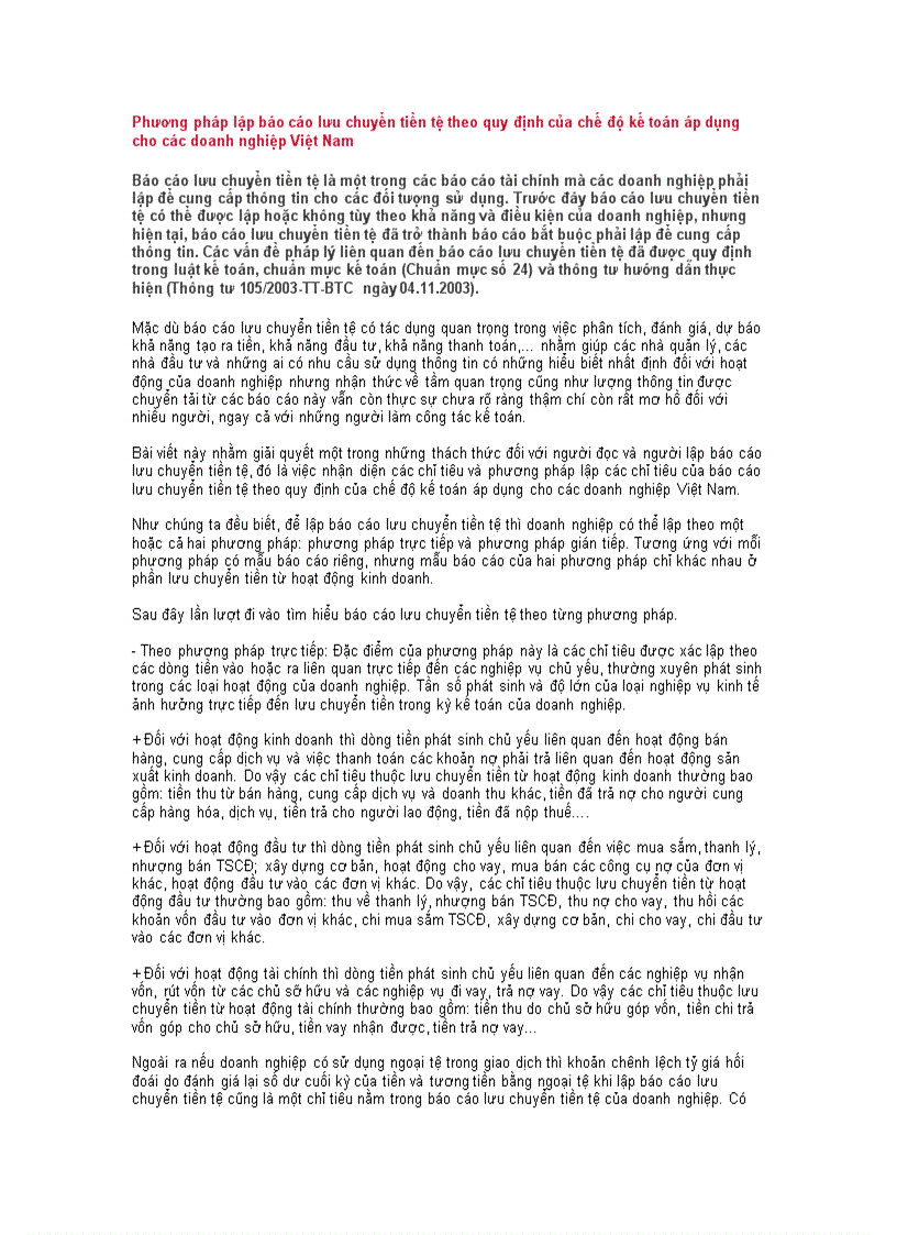 Phương pháp lập báo cáo lưu chuyển tiền tệ theo quy định của chế độ kế toán áp dụng cho các doanh nghiệp Việt Nam