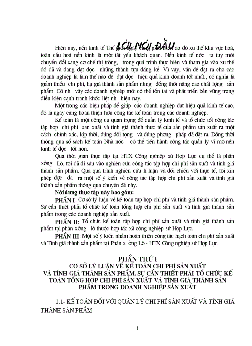 Tổ chức kế toán tập hợp chi phí sản xuất và tính giá thành sản phẩm tại phân x ưởng lò thuộc hợp tác xã công nghiệp sứ Hợp Lực