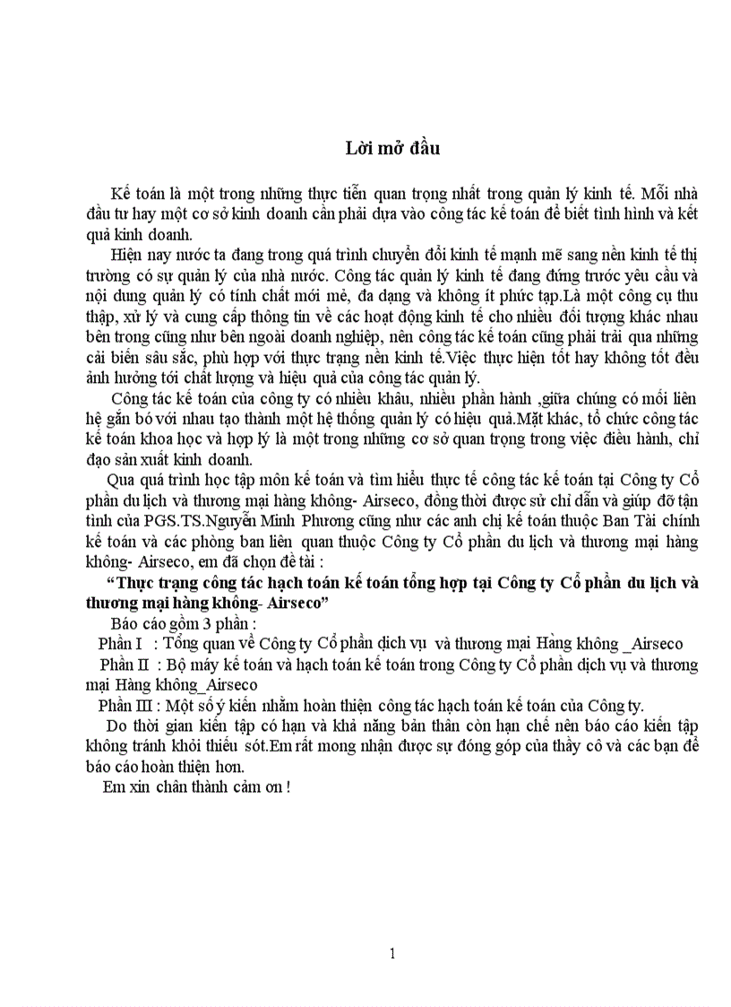 Thực trạng công tác hạch toán kế toán tổng hợp tại Công ty CP du lịch và thương mại hàng không Airseco