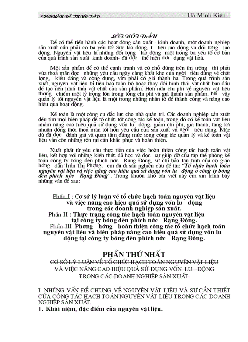 Tổ chức hạch toán nguyên vật liệu và việc nâng cao hiệu quả sử dụng vốn l u động ở công ty bóng đèn phích n ớc Rạng Đông