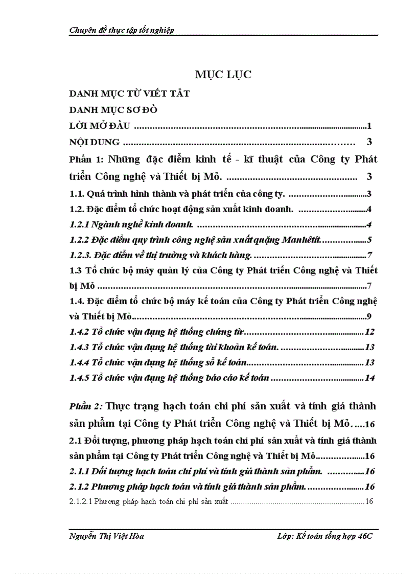 Hạch toán chi phí sản xuất và tính giá thành sản phẩm tại Công ty Phát triển Công nghệ và Thiết bị Mỏ