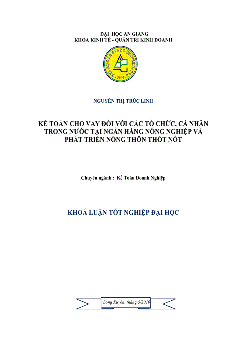 Kế toán cho vay đối với tổ chức cá nhân trong nước tại Ngân hàng Nông nghiệp và Phát triển nông thôn Thốt Nốt