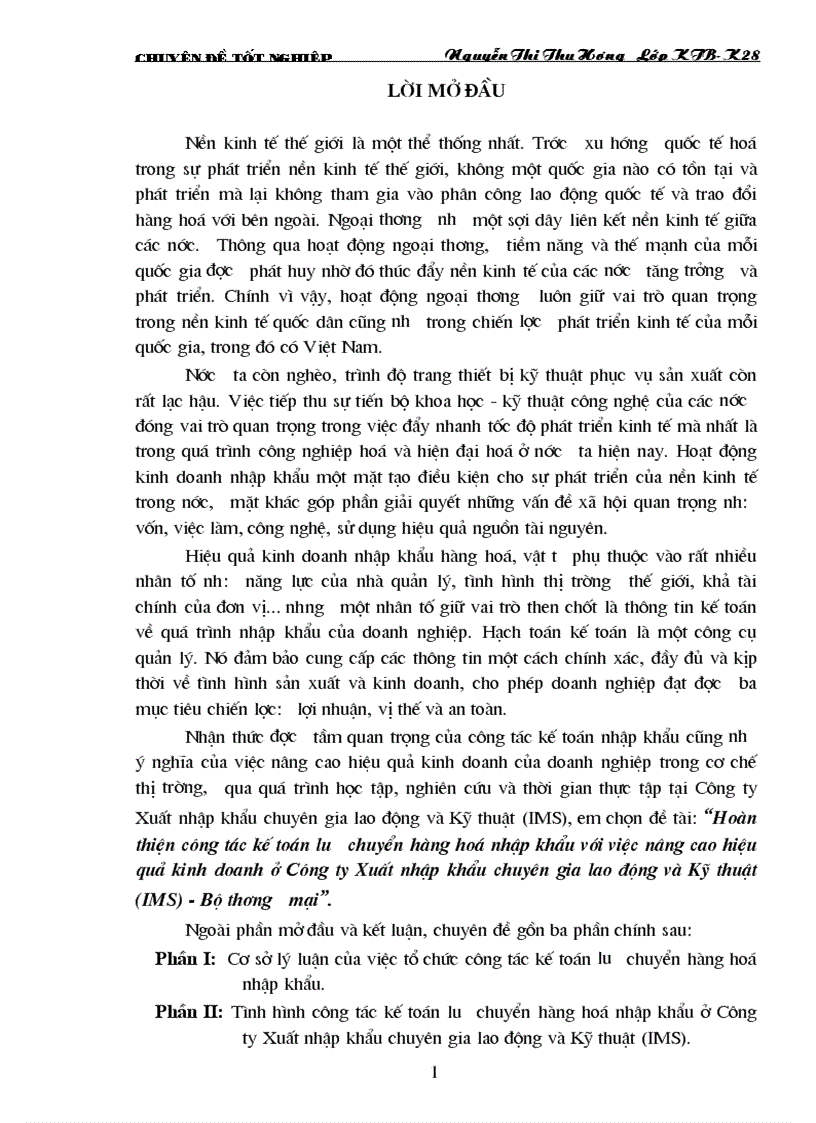 Hoàn thiện công tác kế toán l ưu chuyển hàng hoá nhập khẩu với việc nâng cao hiệu quả kinh doanh ở Công ty Xuất nhập khẩu chuyên gia lao động và Kỹ thuật IMS Bộ th ương mại