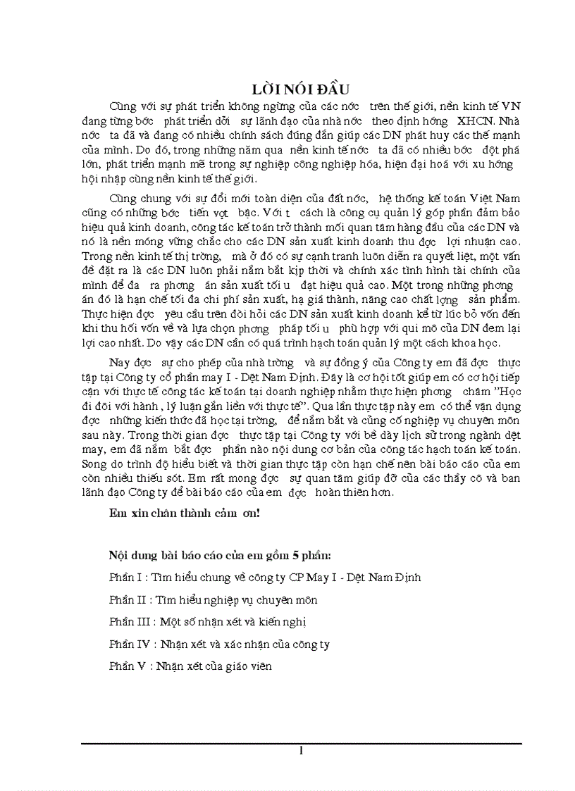 Kế toán tổng hợp tại Công ty CP may 1 Dệt Nam Định