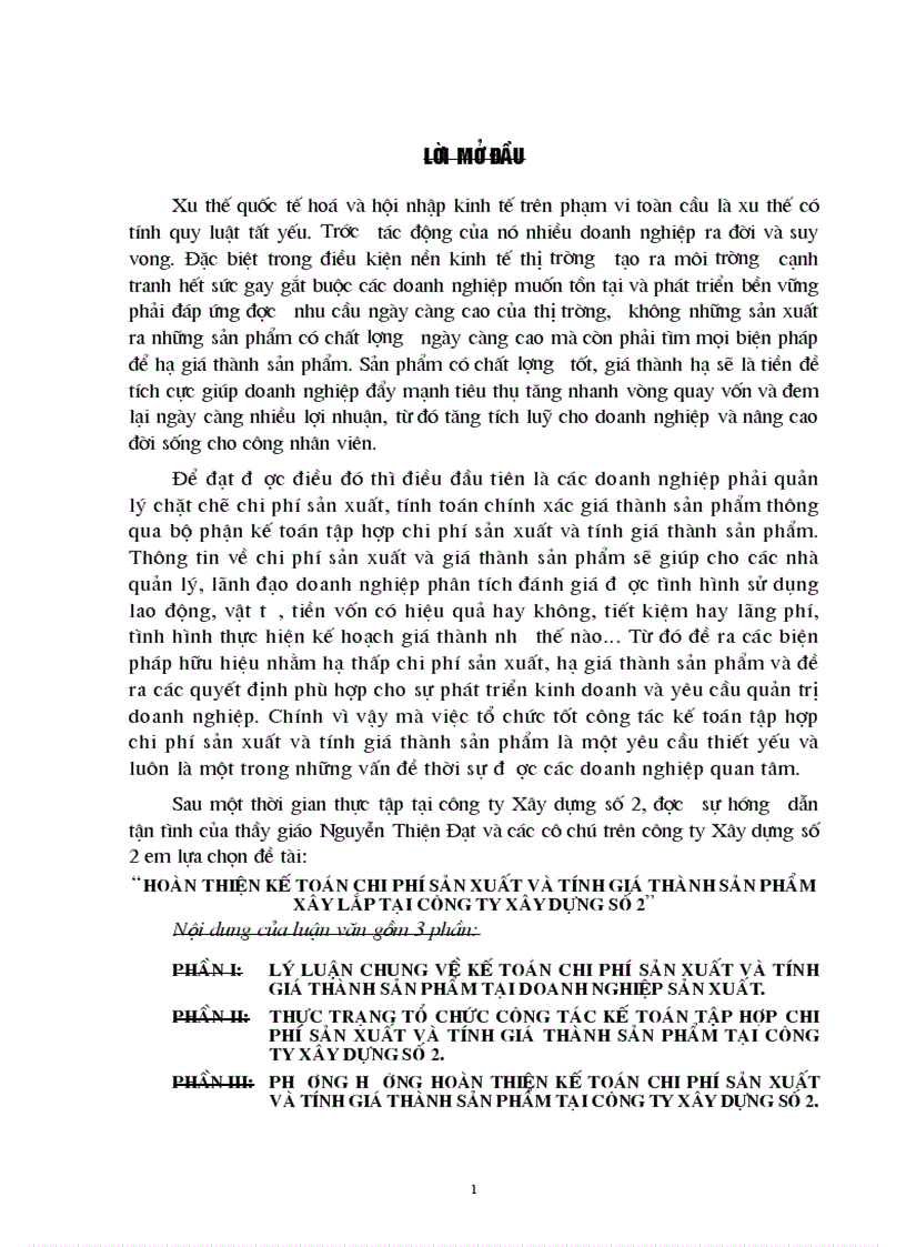 Hoàn thiện kế toán chi phí sản xuất và tính giá thành sản phẩm xây lắp tại Công ty xây dựng số 2