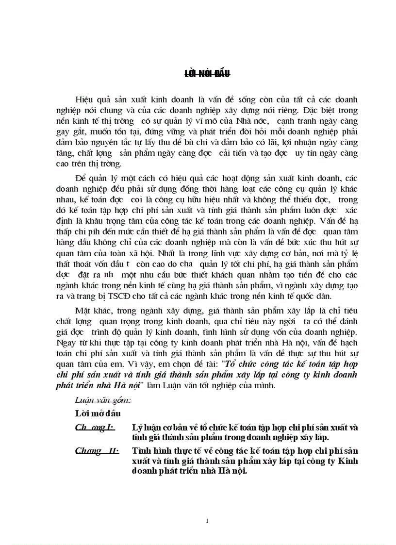 Tổ chức công tác kế toán tập hợp chi phí sản xuất và tính giá thành sản phẩm xây lắp tại công ty kinh doanh phát triển nhà Hà nội