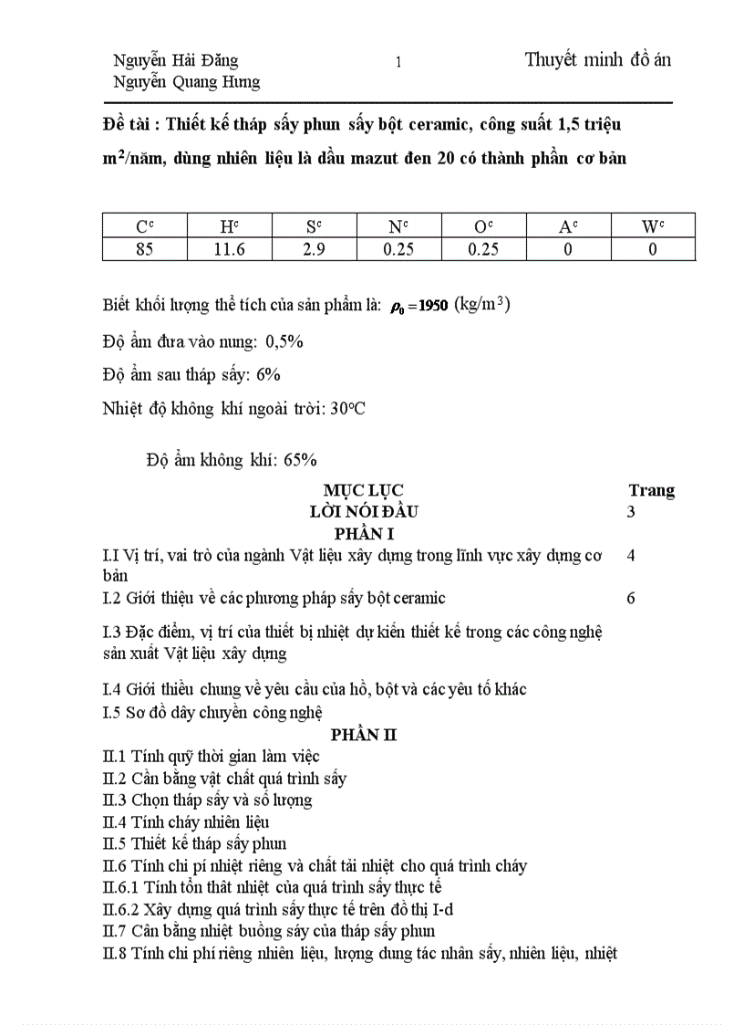 Thiết kế tháp sấy phun sấy bột ceramic công suất 1 5 triệu m2 năm dùng nhiên liệu là dầu mazut đen 20 có thành phần cơ bản