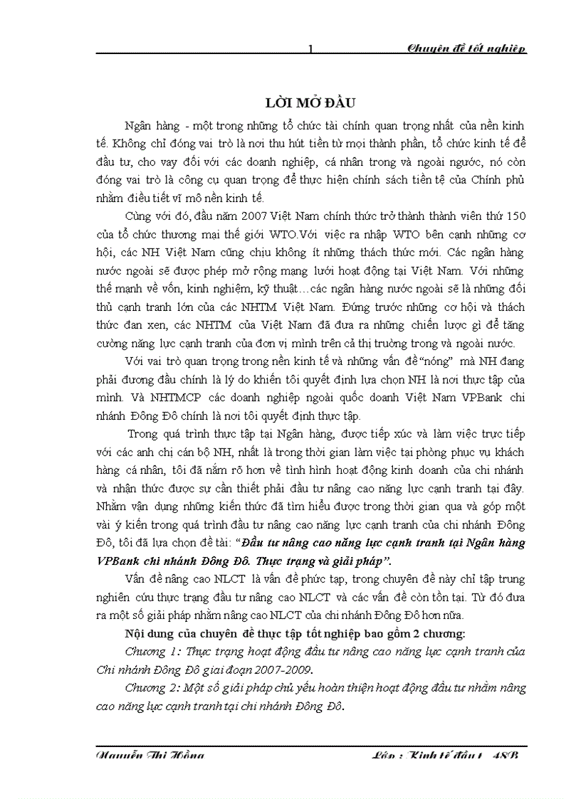 Đầu tư nâng cao năng lực cạnh tranh tại ngânhàng NHTMCP các Doanh nghiệp ngoài Quốc doanh VPBank chi nhánh Đông Đô Thực trạng và giải pháp
