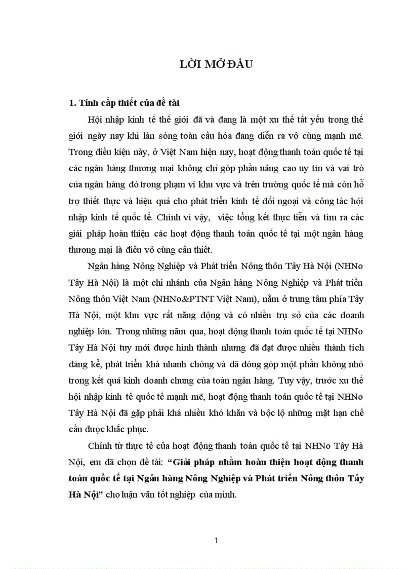 Giải pháp nhằm hoàn thiện hoạt động thanh toán quốc tế tại Ngân hàng Nông Nghiệp và Phát triển Nông thôn Tây Hà Nội