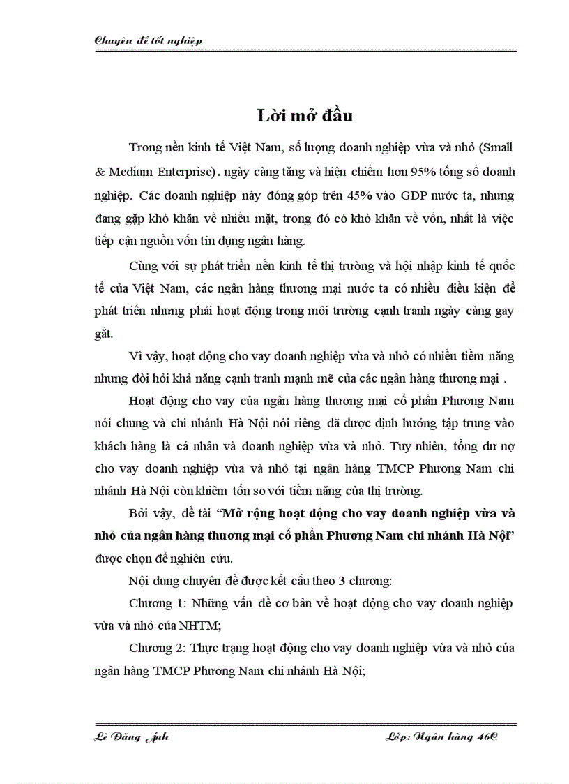 Mở rộng hoạt động cho vay doanh nghiệp vừa và nhỏ của ngân hàng thương mại cổ phần Phương Nam chi nhánh Hà Nội
