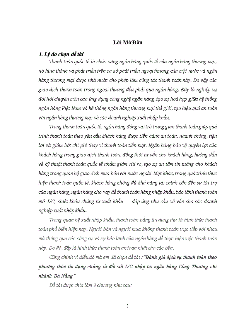 Chuyên đề tốt nghiệp Đánh giá dịch vụ thanh toán theo phương thức tín dụng chứng từ đối với LC nhập tại NH Công Thương chi nhánh DN