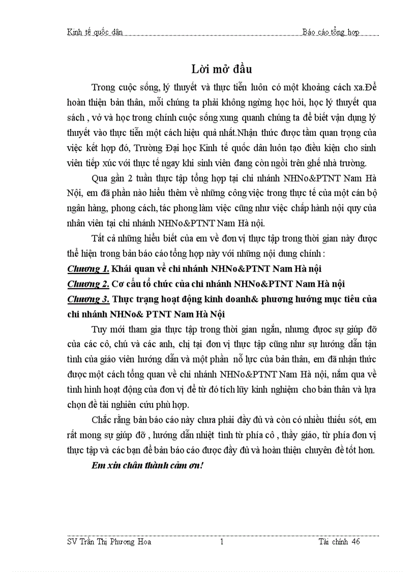 Báo cáo thực tập tại chi nhánh ngân hàng NHNo PTNT AgriBank Nam Hà nội lt NHa gt