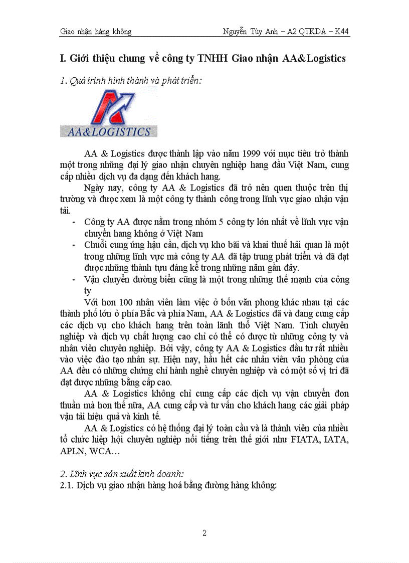 Dịch vụ giao nhận hàng hoá bằng đường hàng không tại công ty TNHH giao nhận AA Logistics