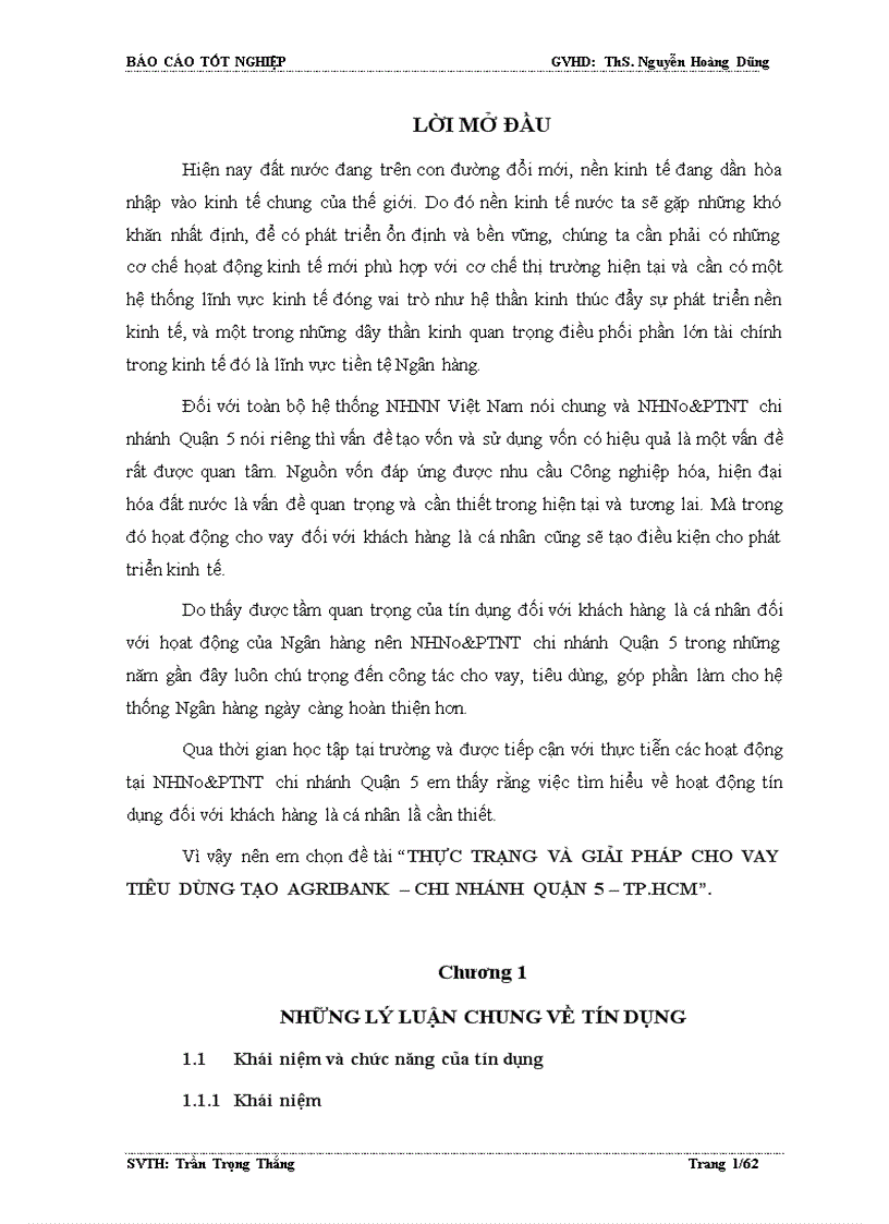 Thực trạng và giải pháp cho vay tiêu dùng tại AGRIBANK Chi nhánh Quận 5 Tp HCM