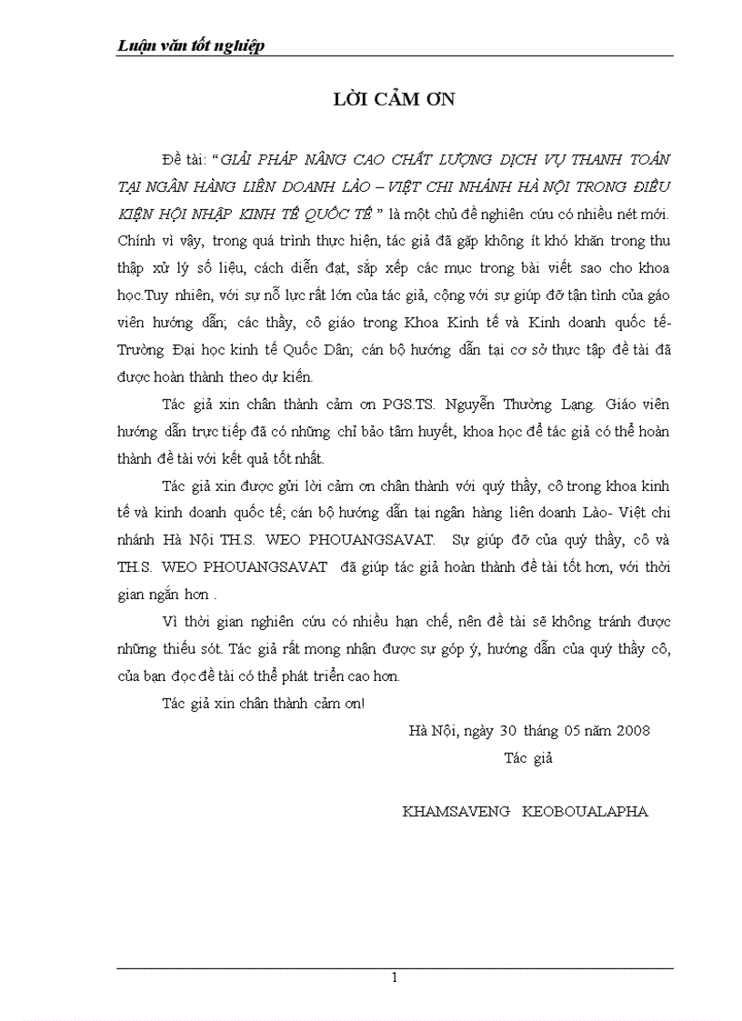 Giải pháp nâng cao chất lượng dịch vụ thanh toán tại ngân hàng liên doanh lào việt chi nhánh hà nội trong điều kiện hội nhập kinh tế quốc tế