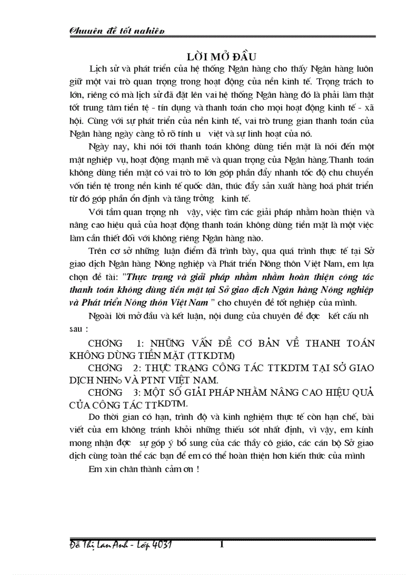 Thực trạng và giải pháp nhằm nhằm hoàn thiện công tác thanh toán không dùng tiền mặt tại Sở giao dịch Ngân hàng Nông nghiệp và Phát triển Nông thôn Việt Nam