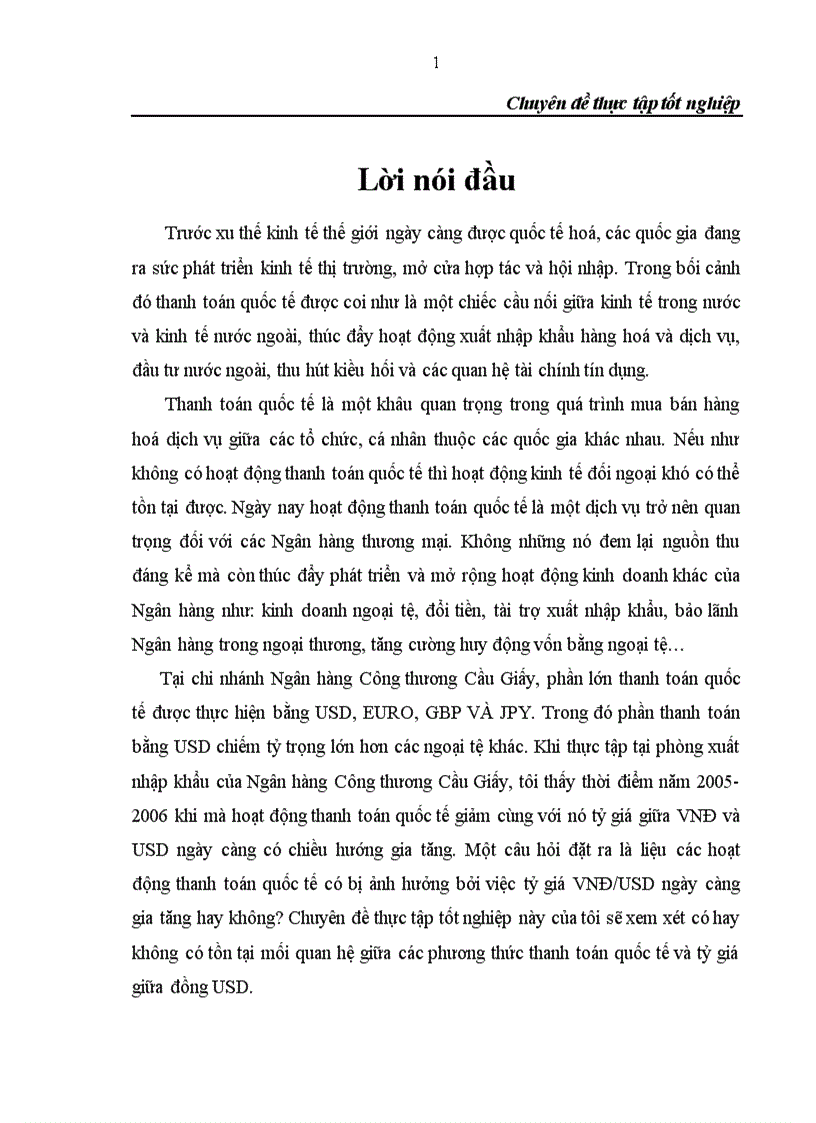 Xác định mối quan hệ giữa tỷ giá hối đoái và các phương thức thanh toán quốc tế hàng nhập sử dụng tại chi nhánh Ngân hàng Công thương Cầu Giấy