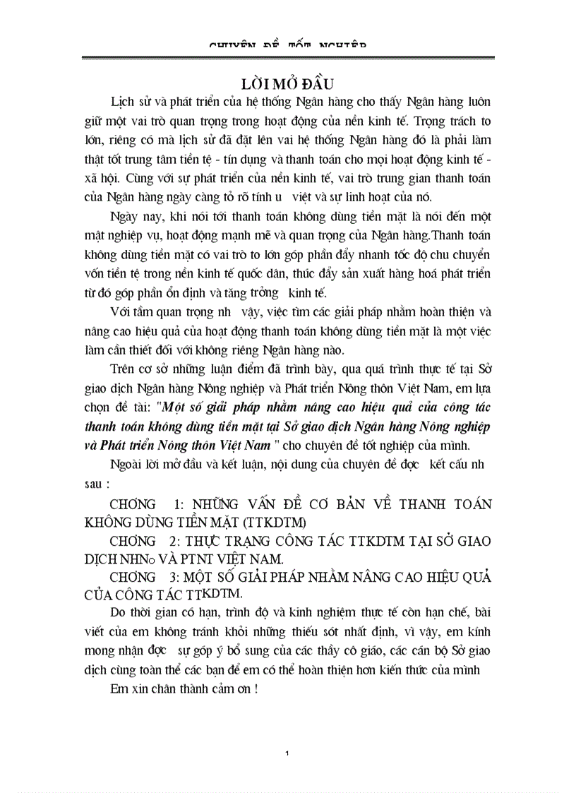 Một số giải pháp nhằm nâng cao hiệu quả của công tác thanh toán không dùng tiền mặt tại Sở giao dịch Ngân hàng Nông nghiệp và Phát triển Nông thôn Việt Nam