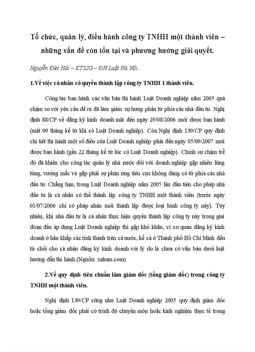 Tổ chức quản lý điều hành công ty TNHH một thành viên những vấn đề còn tồn tại và phương hướng giải quyết