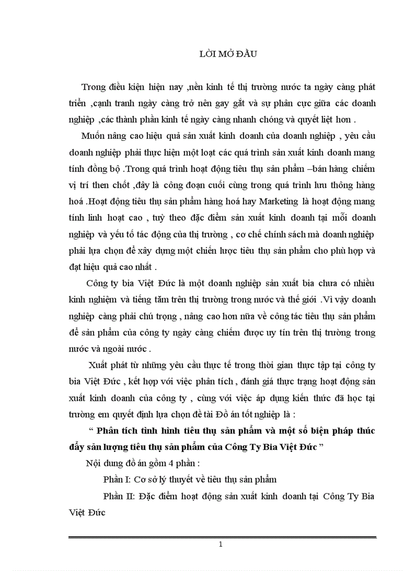 Phân tích tình hình tiêu thụ sản phẩm và một số biện pháp thúc đẩy sản lượng tiêu thụ sản phẩm của Công Ty Bia Việt Đức