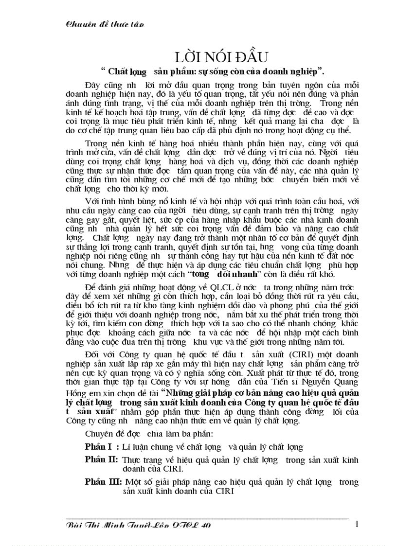 Những giải pháp cơ bản nâng cao hiệu quả quản lý chất l ượng trong sản xuất kinh doanh của Công ty quan hệ quốc tế đầu tư sản xuất