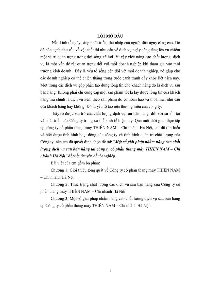 Một số giải pháp nhằm nâng cao chất lượng dịch vụ sau bán hàng tại công ty cổ phần thang máy THIÊN NAM Chi nhánh Hà Nội