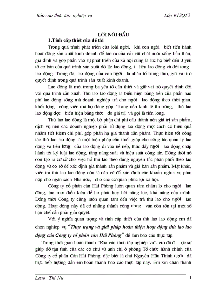 Thực trạng và giải pháp hoàn thiện hoạt động thù lao lao động của Công ty cổ phần cân Hải Phòng