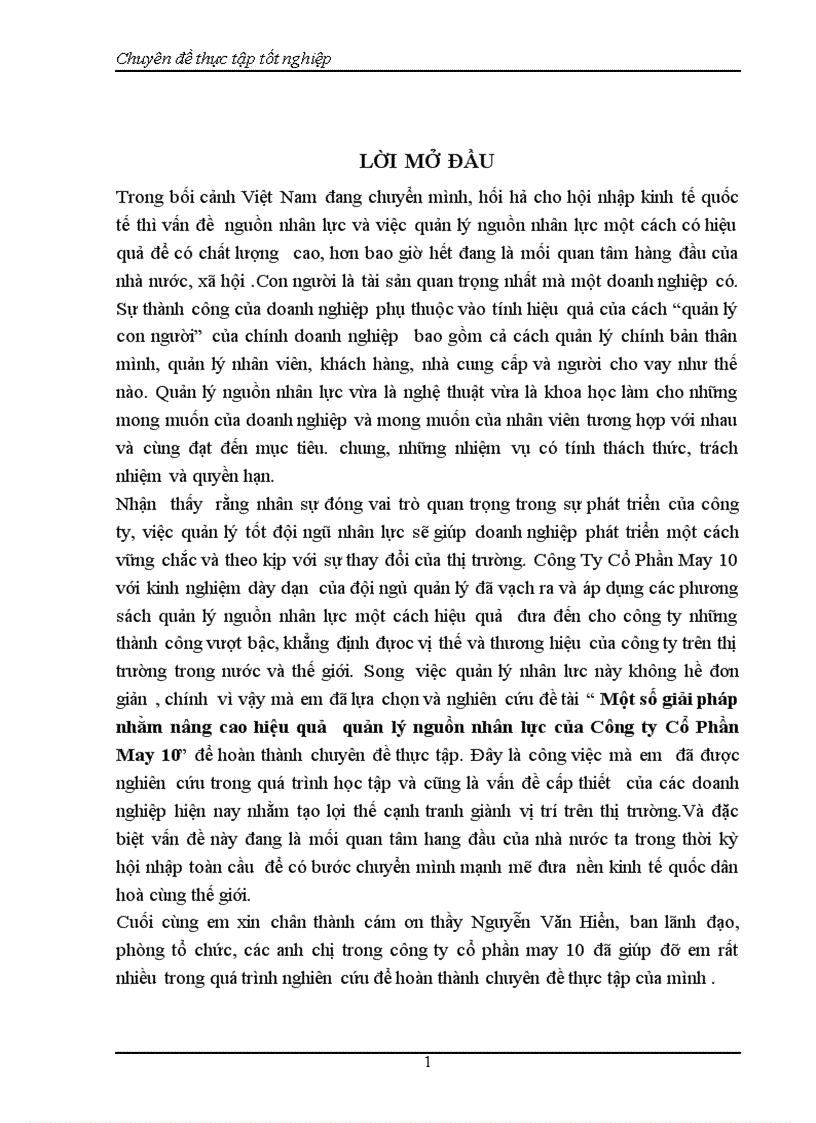 1số giải pháp nhằm nâng cao hiệu quả quản lý nguồn nhân lực của Công ty CP May 10