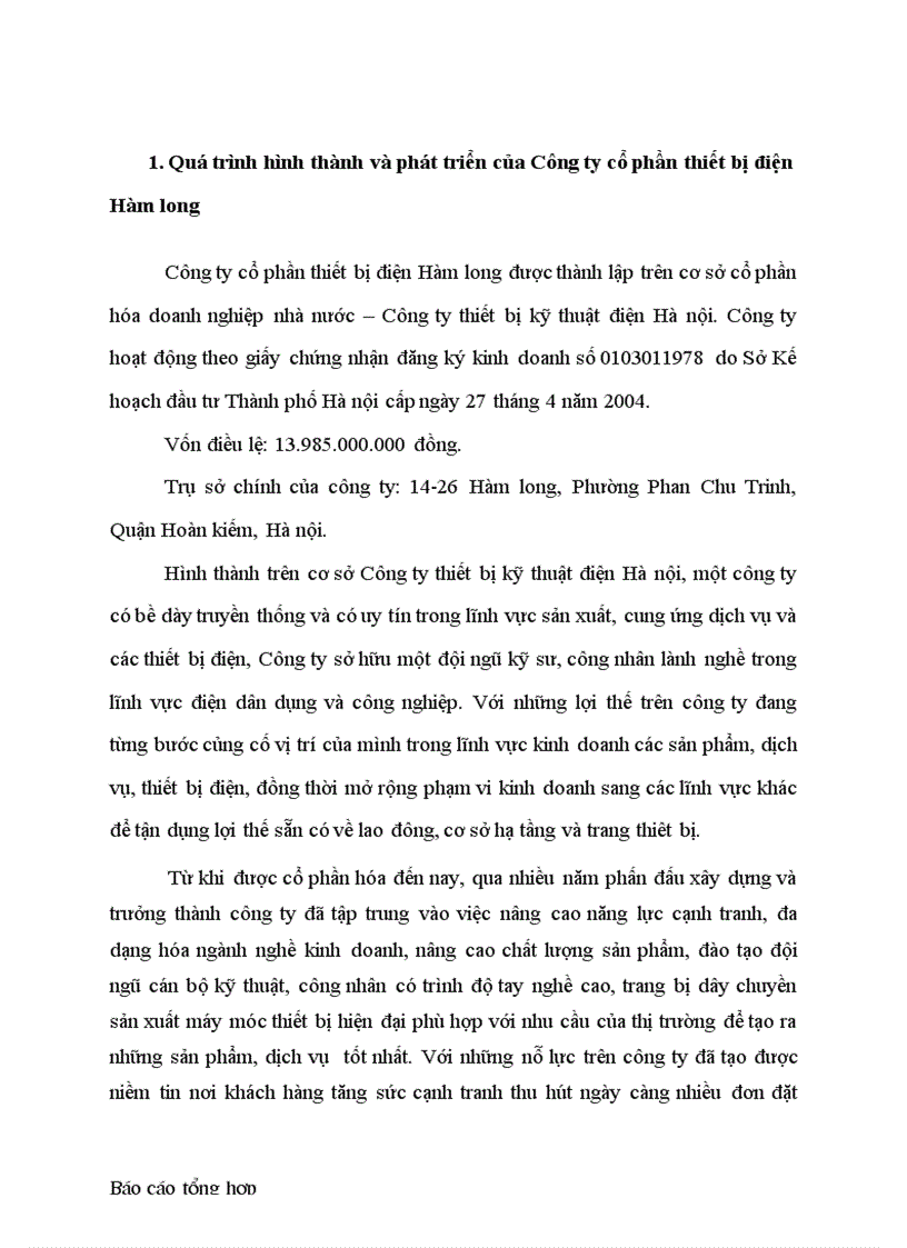 Báo cáo thực tập tại Công ty CP thiết bị điện Hàm Long