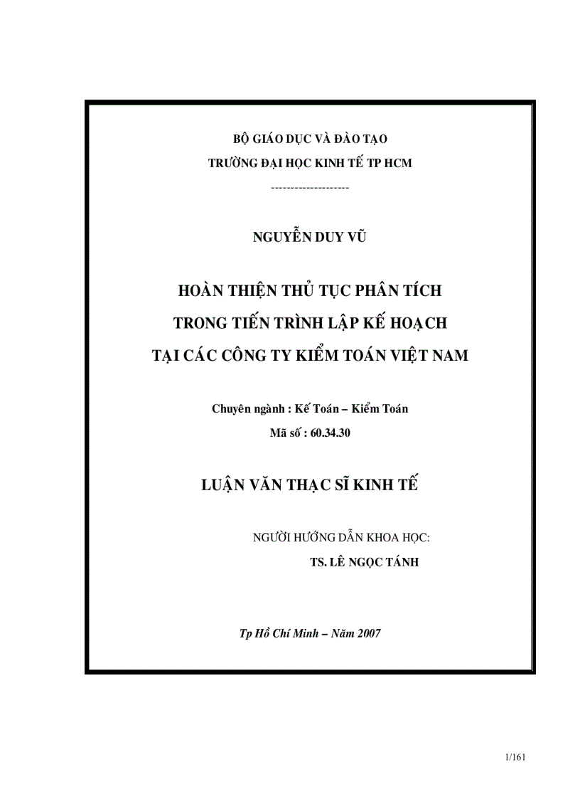 Hoàn Thiện Thủ Tục Phân Tích Trong Tiến Trình Lập Kế Hoạch Tại Các Công Ty Kiểm Toán Việt Nam