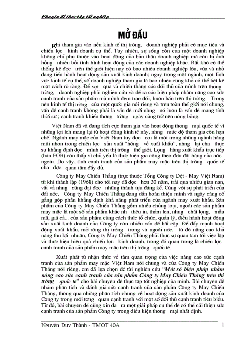 Một số biện pháp nhằm nâng cao sức cạnh tranh của sản phẩm Công ty May Chiến Thắng trên thị tr ờng quốc tế