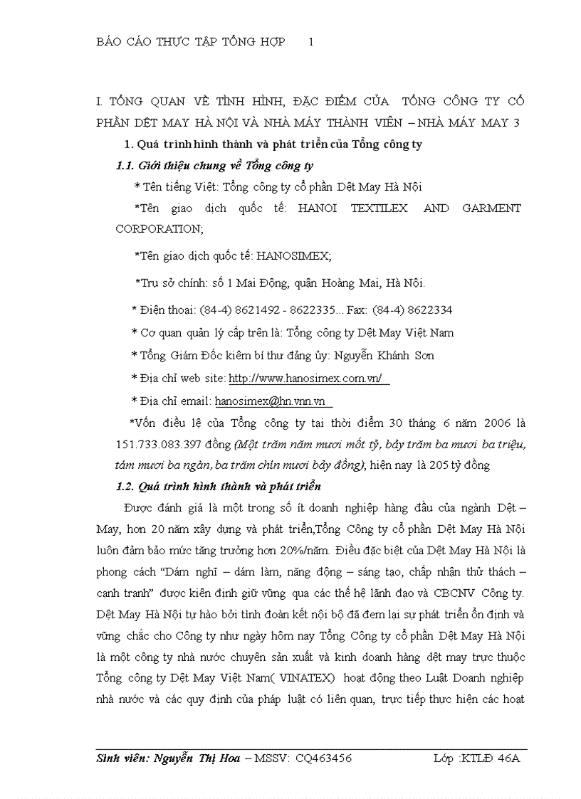 Báo cáo tổng hợp tại tổng công ty cổ phần dệt may hà nội và nhà máy thành viên nhà máy may 3