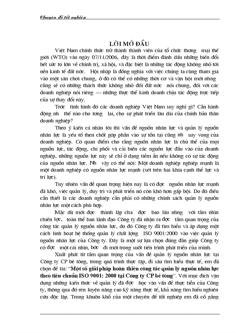 1số giải pháp hoàn thiện công tác quản lý nguồn nhân lực theo tiêu chuẩn ISO 9001 2000 tại Công ty CP bê tông