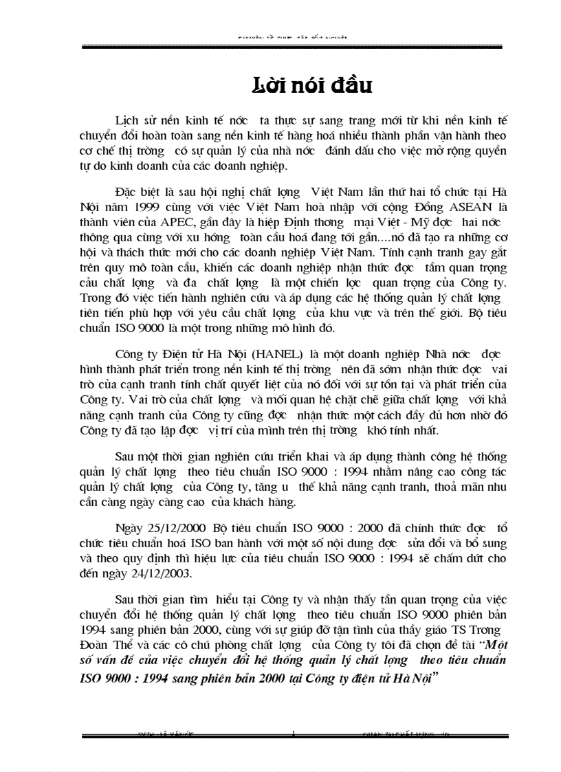 Một số vấn đề của việc chuyển đổi hệ thống quản lý chất l ượng theo tiêu chuẩn ISO 9000 1994 sang phiên bản 2000 tại Công ty điện tử Hà Nội