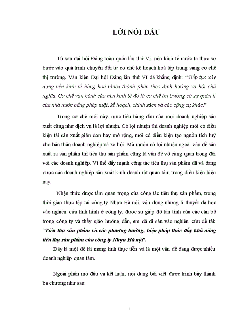 Tiêu thụ sản phẩm và các phương hướng biện pháp thúc đẩy khả năng tiêu thụ sản phẩm của công ty Nhựa Hà nội
