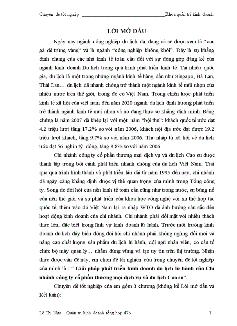 Giải pháp phát triển kinh doanh du lịch lữ hành của Chi nhánh công ty cổ phần thương mại dịch vụ và du lịch Cao su