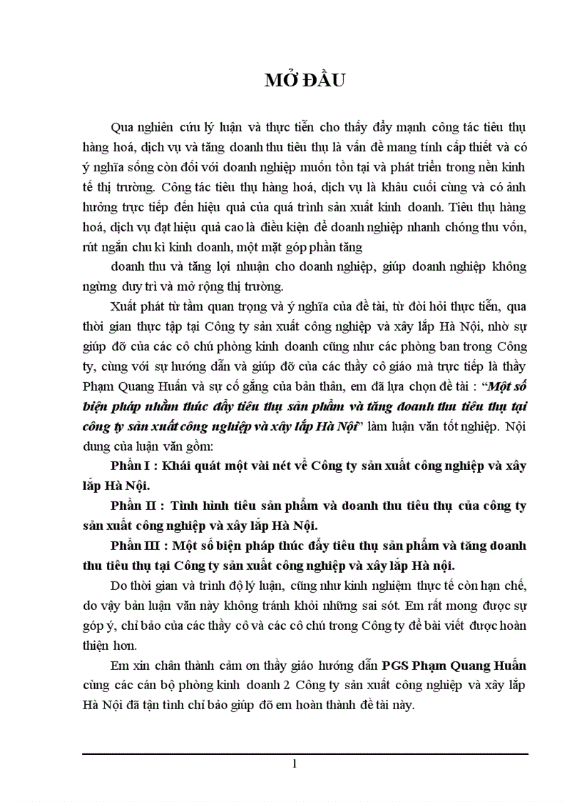 Một số biện pháp nhằm thúc đẩy tiêu thụ sản phẩm và tăng doanh thu tiêu thụ tại công ty sản xuất công nghiệp và xây lắp Hà Nội