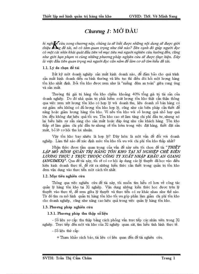 Thiết lập mô hình quản trị hàng tồn kho tại xí nghiệp chế biến lương thực 1 trực thuộc công ty xuất nhập khẩu an giang angimex