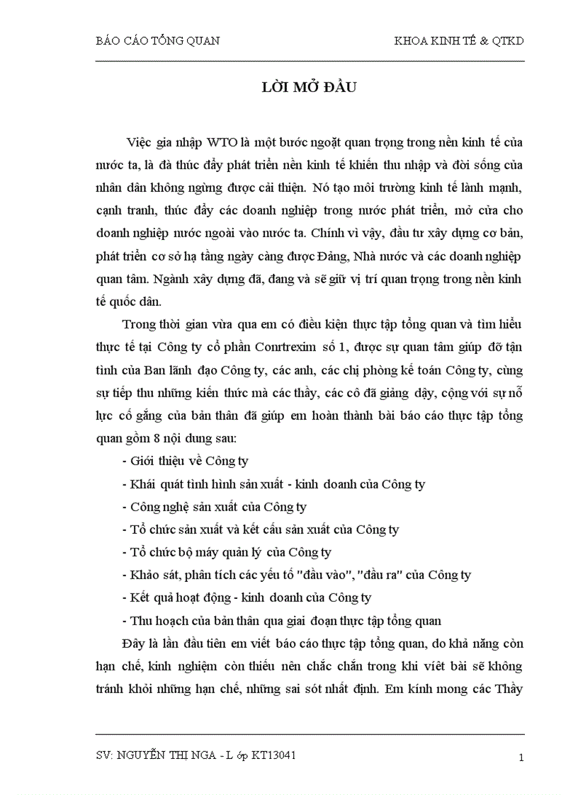 Báo cáo thực tâp Tại Công ty CP Constrexim số 1 Tổng quan